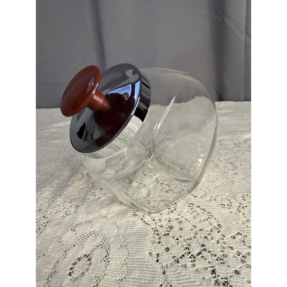 VINTAGE Small GLASS TILTED CANDY/COOKIE JAR WITH CHROME LID AND RED KNOB